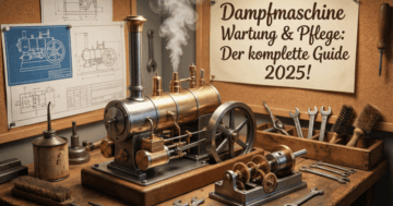 Detailreiche Modell-Dampfmaschine auf Werkbank mit Werkzeugen und Bauplänen – Wartung und Pflege einer Dampfmaschine, Guide 2025
