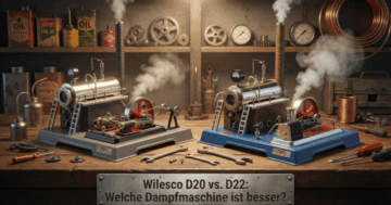 Wilesco D20 und D22 im Vergleich - zwei Modell-Dampfmaschinen auf Werkbank mit Werkzeugen und Dampfentwicklung